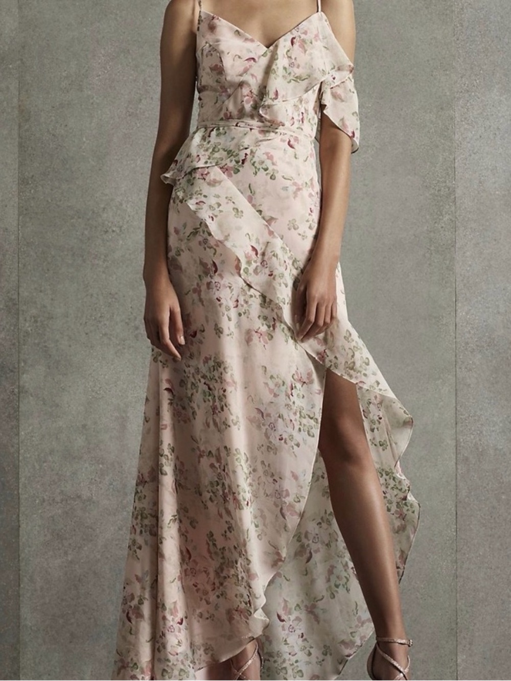 White by Vera Wang Soft Blush Floral High-Low Ruffle Dress